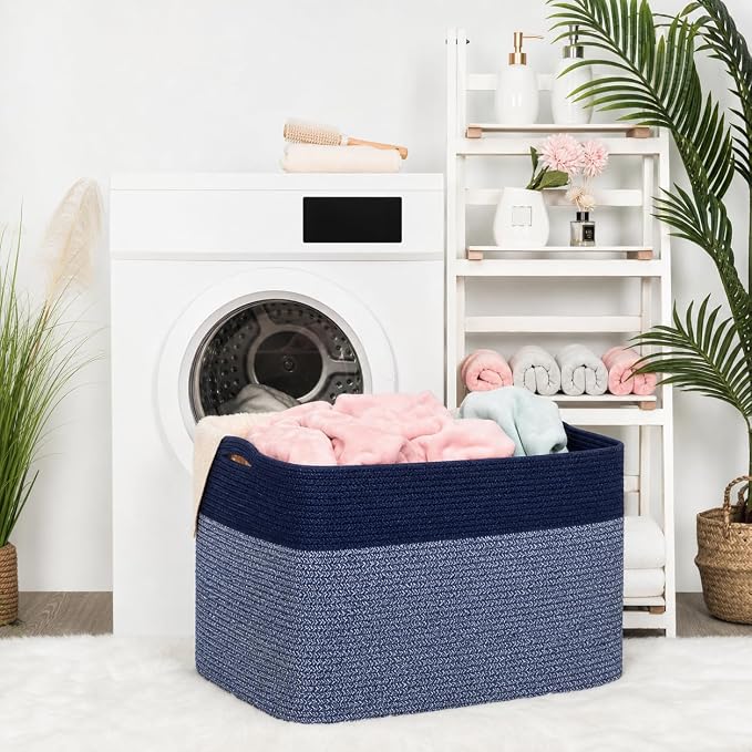 112L Extra Large Blanket Basket Holder Living Room, 25"x17"x16" Rectangle Rope Woven Storage Basket with Handles for Laundry, Towels, Shoes, Dog Toy Organizer Bin Box, Navy Blue