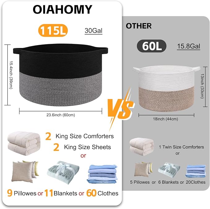 OIAHOMY 115L Extra Large Blanket Basket for Living Room, 23.6" x 15.4" Woven Cotton Rope Laundry Basket for Organizing Pillows, Decorative Stuffed Animal Toy Storage for Nursery, Black and Grey