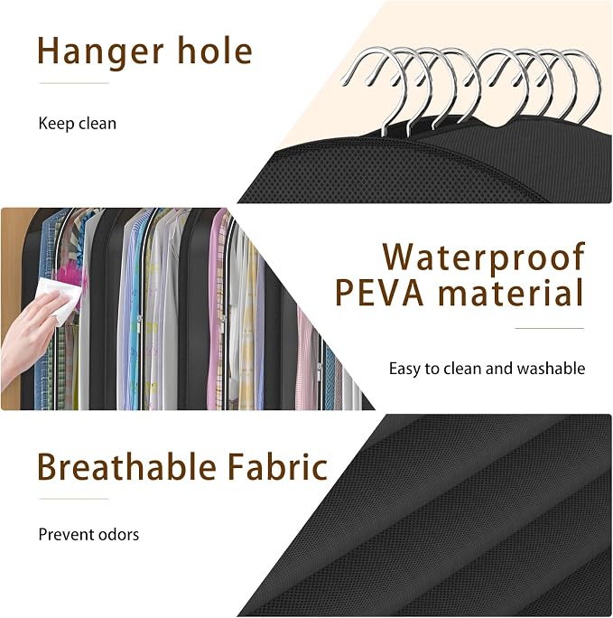 Black Garment Bags for Hanging Clothes, 4-Pack, 43" | Upgraded thickened clear garment bags with 10" gusset for closet storage of shirts, coats, dresses