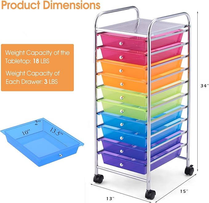 10 Drawer Rolling Storage Cart, Organization Cart with Drawers for Craft Makeup Paper Tool Art Supply, Versatile Utility Cart on Wheels for Home Office Classroom School (Rainbow)