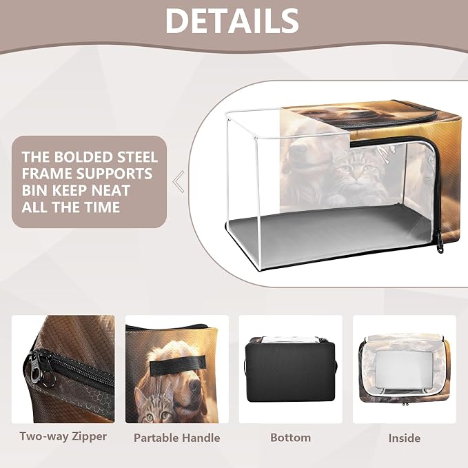 Foldable Storage Bin Dog and Cat Pattern Sturdy Under Bed Storage Container with Clear Window and Handle