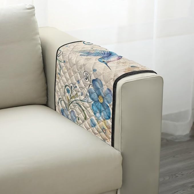 Blue Hummingbird Stretch Armrest Covers Couch Arm Cover Non-Slip Arm Rest Covers with 2 Pockets Armchair Slipcovers for Recliner Furniture Protector Home Decor