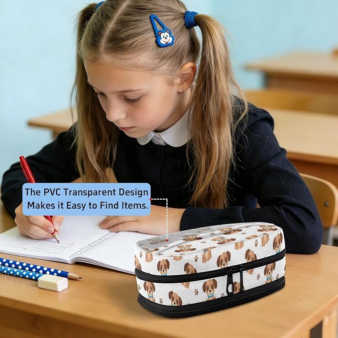 Cute Pets Puppies White pattern Large Capacity Pencil Case with Zipper Water Resistant Portable Organizer Pen Bag for Office Students School