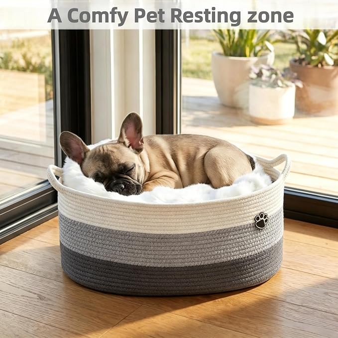 Optish 40L Extra Large Dog Toy Basket, 20" x 14" x 9" XL Toy Storage Box and Bin with Handles, Woven Cotton Rope Foldable Basket for Blankets, Living Room, Bedroom, Home Decor, White & Grey