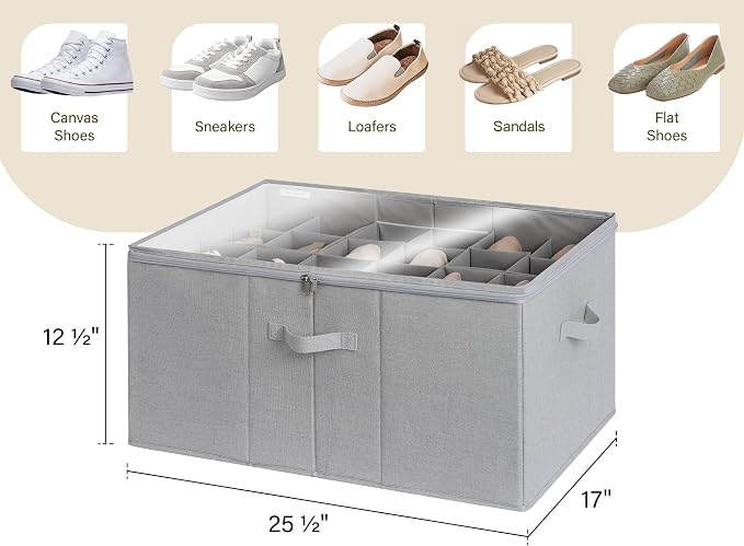 StorageWorks 24-Pair Large Shoe Storage Closet, Adjustable Dividers, Grey | Holds up to 24 Pairs, Foldable, Clear Lid, Reinforced Handles, Fits Sneakers, Sandals & Flats, For Closet, Entryway