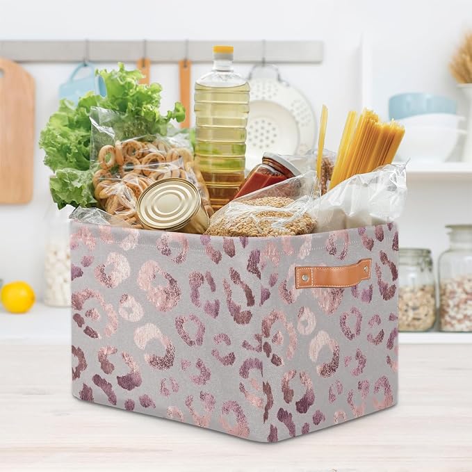 SEULIFE Rose Gold Leopard Print Pink Foldable Storage Basket, Large Collapsible Organizer Storage Bin Cube Toys Storage Boxes with Handles for Bathroom Kids Nursery Closet Storage, 2 Pack
