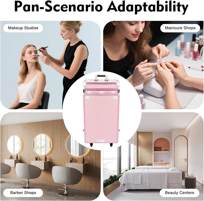 Cosmetic Trolley Storage Organizer, Foldable Nail Tables with 4 Drawers Mirror&Speaker for Hair Stylists Pet Groomers Makeup Artists Technician Workstation Salon (Pink)