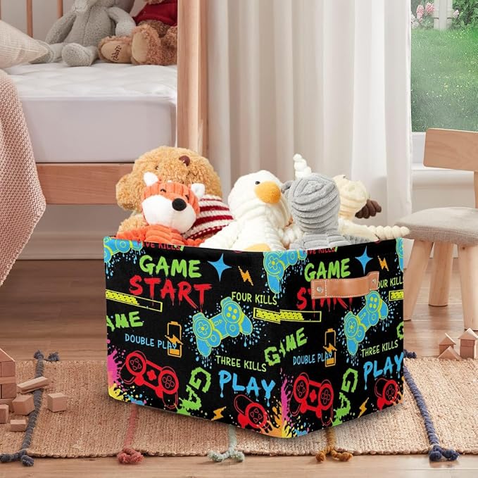 Rectangle Storage Basket with Handles, Cube Organizer Bins for Shelves Collapsible Toys Storage Box Clothes Baskets for Nursery Home Kids Room(Game)