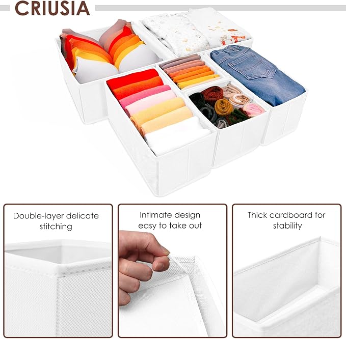 6 Pack Clothes Drawer Organizer, Fabric Foldable Closet Dresser Drawer Organizer for Clothing, Bra Sock Underwear Drawer Organizer for Nursery Dorm Bedroom Organization (6 Bins, White)