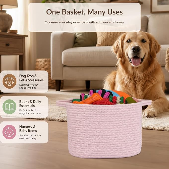XUANGUO Woven Cotton Rope Storage Basket with Handles 13x10x9 inch Pink | Woven cotton rope basket for shelves and closets. Perfect for toys, books, clothes, nursery storage and gift baskets.