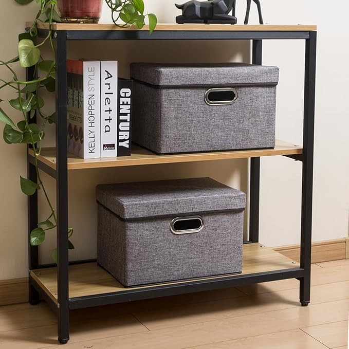 Foldable Storage Boxes with Lids [1-Pack] Linen Fabric Collapsible Storage Bins Organizer Containers Baskets Cube with Cover for Home Bedroom Closet Office Nursery (14.9x9.8x9.8)