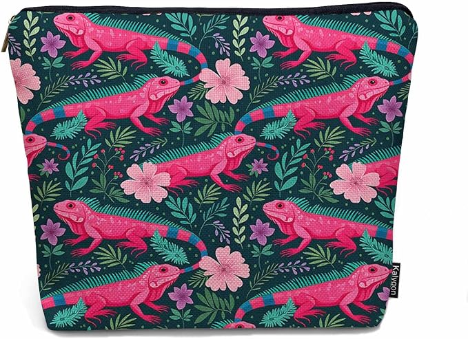 Lizard Cosmetic Travel Bag For Toiletries, Tropical Animal Floral Lizard Makeup Bag Toiletry Bags For Women, Flax Cosmetic Bags Make Up Bag Purse Toiletries Bag Birthday Gift