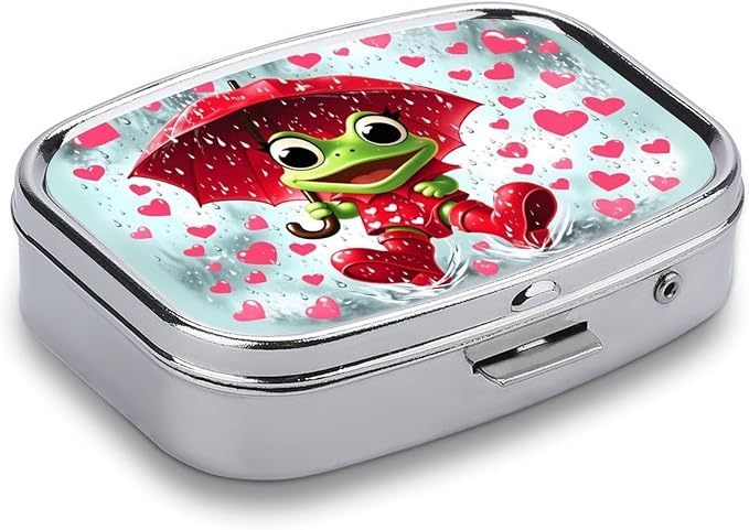 Frog Playing in The Rain Durable Metal Pill Case for Daily Use, 2 Slot Medicine Box Organizer,Leak Proof Travel Pill Container for Vitamins, Compact Pocket Medicine Holder for Seniors,Holiday Gift