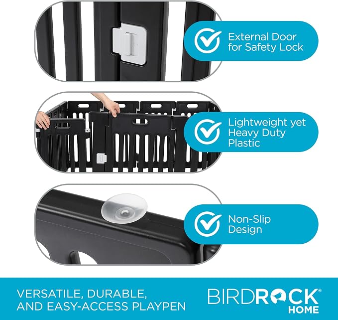 BIRDROCK HOME Dog Playpen w/Door, 12 Panel, 25.6in H | Strong Plastic, Non-Slip Puppy Playpen, Secure Pet Gate | Indoor Outdoor Fence | Configurable Panels | Small to Medium Pets - Black | 13-Panel Durable Plastic Playpen for Puppies and Small Dogs, Pe...