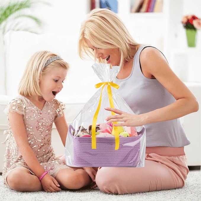 OIAHOMY Woven Basket, Gift Basket Empty with Gift Bags and Ribbons, Rope Baskets for Baby Showers, Storage Baskets with Handles for Nursery, Pet Toy Organizer - Lilac Purple