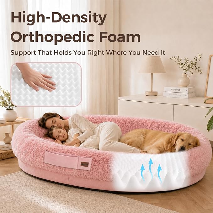 Human Dog Bed for Adult, 71"x48" Large Pet Dog Bed, Pink | Adult Dog Bed for Humans with Pillow & Blanket, Fluffle Cloud Dog Bed with Orthopedic Foam Bolster, Durable Zipper, Portable