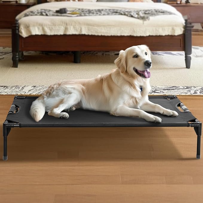 Petsfit 48 Inch Elevated Dog Bed for Large Dogs, Patented Anti-Sag Cot | Patented anti-sag tension bar, cooling Teslin mesh, dual support straps, tool-free setup and non-slip feet; up to 120 lb.