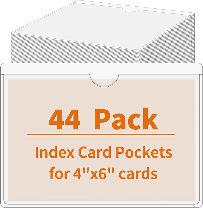 44 Pcs Storage Bin Labels, 4×6 in Index Card Holder, Clear Adhesive Pockets | Strong Adhesive, Waterproof & Clear, Removable with No Residue, for Tote Bin Box Drawer, Library Classroom Organization
