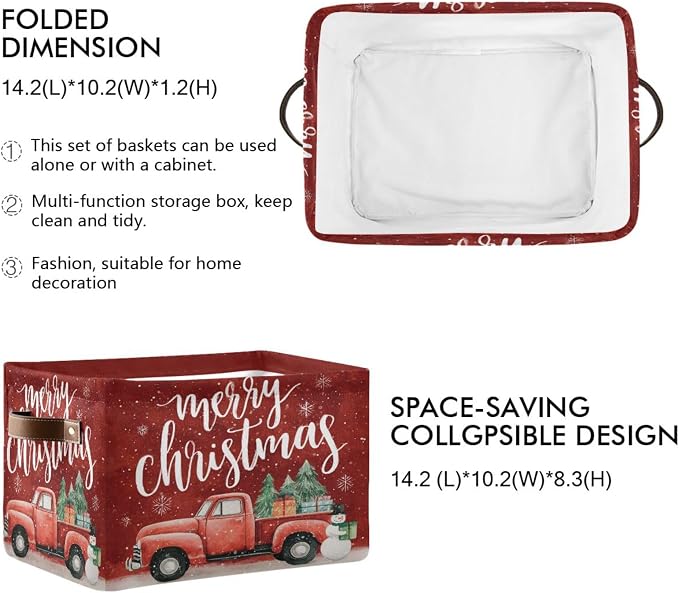 Christmas Red Snowman Truck Print Rectangular Storage Bin Basket with Handles - Laundry Storage Basket Organizer Bins for Pets Room Books Closet