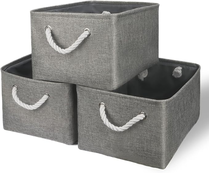 Storage Bins - Medium 3 Pack Storage Baskets for Organizing Shelves | Fabric Storage Cubes Organizer for Linen Closet Nursery Home Decor Grey