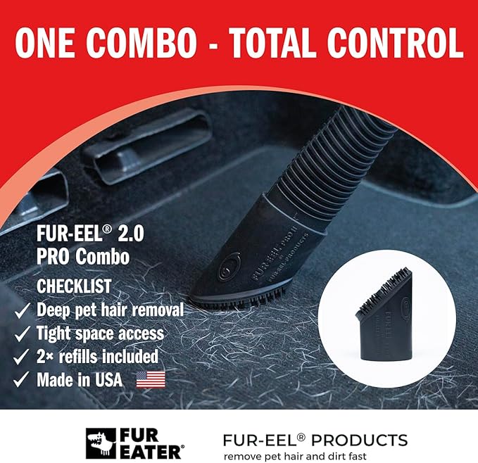 FUR-EEL Pet Hair Removal Vacuum Attachment for Car Detailing, 2.0 Pro Combo with 2 Replaceable Rubber Brush Heads, No Clog Airflow, Fits 1 1/4 and 1 3/8 in Hoses, 32mm and 35mm