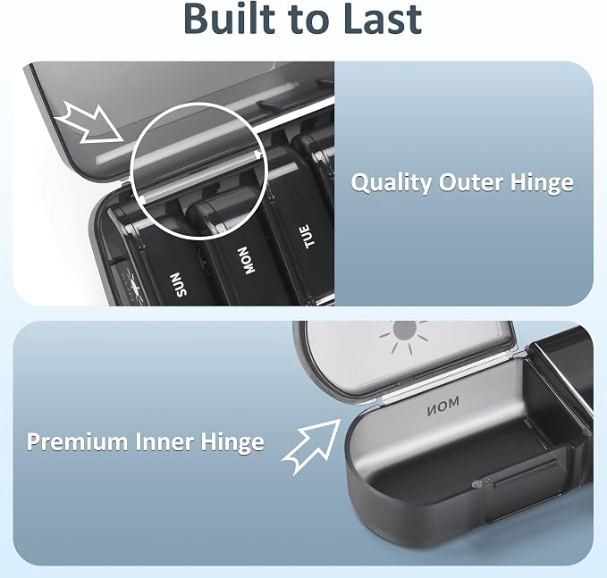 Fullicon Large Portable Pill Organizer 2 Times a Day, Black | Each Compartment Holds 10 Fish Oils or 16 Vitamins, Lid Stays Open Reliably, Double Secure Lock, Durable Hinges, Fits Purse