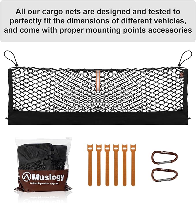 Muslogy Cargo Net for 2022-2025 2026 Hyundai Tucson Accessories | Custom Fit, Trunk Storage Organizer Net for SUV Sedan Van Divider, with Heavy Duty Carabiners, Night Visible Grab Handle
