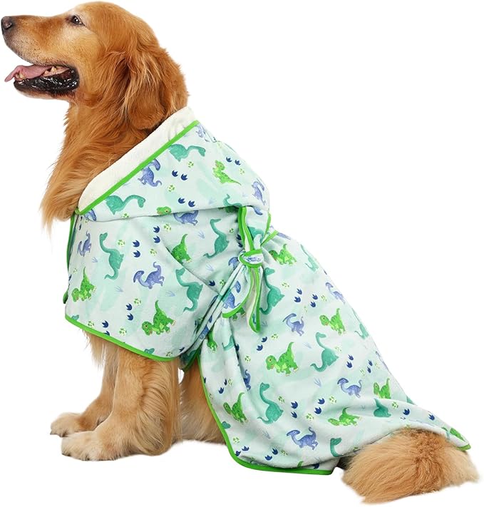 HDE Dog Bathrobe Super Absorbent Quick Drying Puppy Towel Wrap Coat Adjustable After Bath Robes with Hood for Dog Sizes S-XXL Cute Dinosaurs XXL