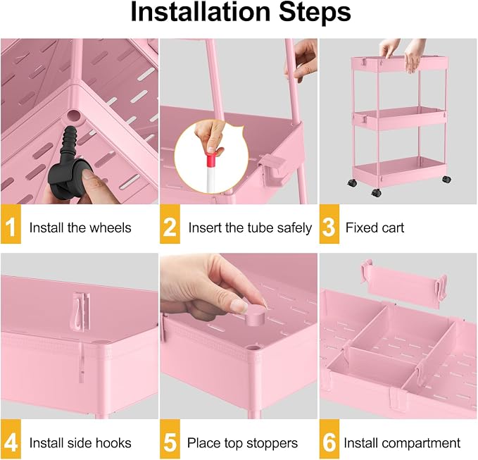 3 Tier Rolling Cart with Wheels, Storage Craft Art Trolley Organizer Serving, 3 Hanging Baskets Easy Assembly, for Office, Living Room, Kitchen, Pink