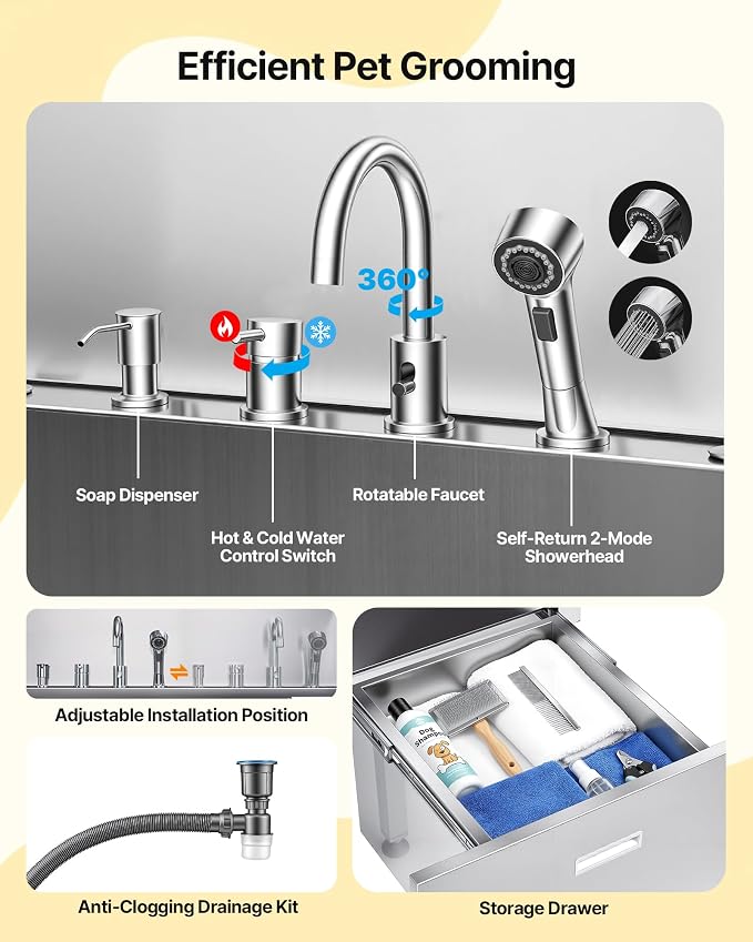 VEVOR Dog Bath Tub, Professional 50 Inch 304 Stainless Steel Dog Washing Station Anti-Slip Ramp & Storage Drawer, Hot Cold Water Faucet and Showerhead for Large Medium Small Dogs (Left Door) | Dog Bathtub with Anti-Slip-Ramp for Large, Medium & Small P...