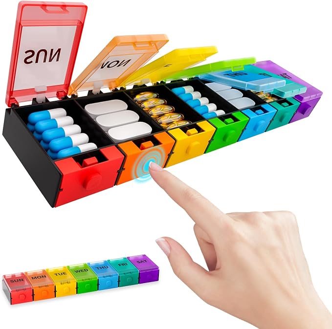 Push Button Weekly Pill Organizer, Medicine Pill Organizer, Pill Box Case 7 Day, Pill Container for Vitamins, Fish Oil, Supplements Medication (Colorful)