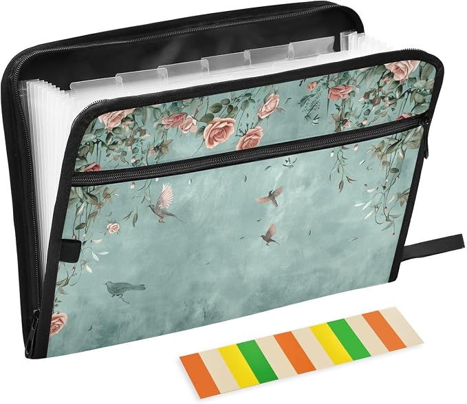 13 Pocket Zipper Expanding File Folder A4 Retro Floral | Accordion File Organizer with Front Pouch A4 Letter Size Portable Folders for Documents Receipt School Office Supplies