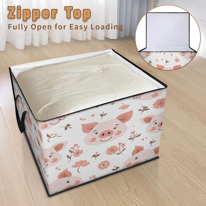 Floral Pig Large Storage Bags, Fabric Bed Storage Containers, Foldable Closet Organizers for Blanket, Clothing, Comforter, Bedding, Cute Pig