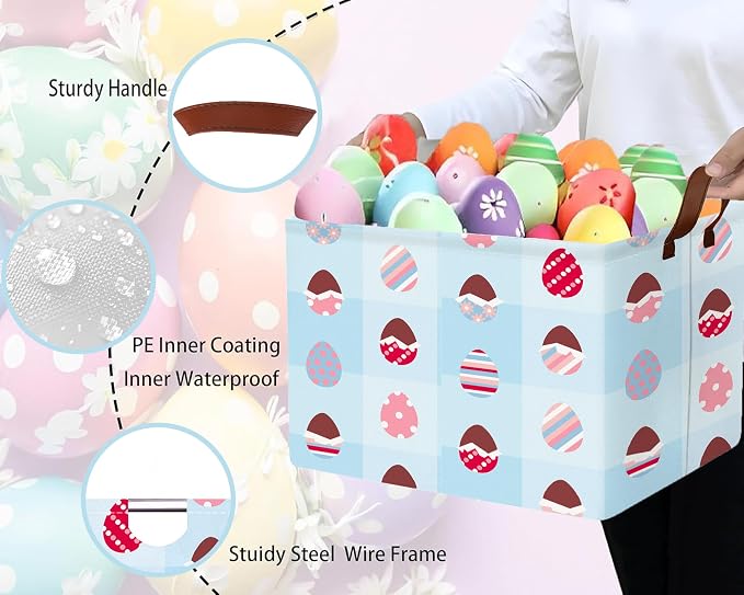 Large Rectangular Easter Baskets Empty Waterproof Boy Toy Box Foldable Kid's Gifts Storage Bin Spring Room Decor(Blue Checkered Egg)