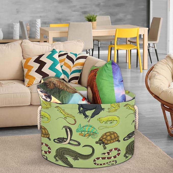 Storage Baskets - Amphibians Large Nursery Organizer Bin Box with Handles Collapsible Round Snakes Laundry Hamper for Kids Boy Toys Blanket, Bedroom Living Room Home Decor Gift Basket (19.4"x13.3")