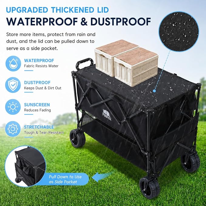 600LB Double Decker Foldable Wagon Cart, 400L Large Storage, Heavy Duty | 50" Extended Collapsible Wagon, Extra Large Collapsible Cart with Wheels for Camping, Fishing, Beach & Outdoor Use