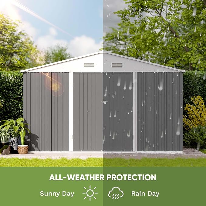 Patiowell Outdoor Storage Shed, 10 x 8 FT, Grey | Large Garden Tool Metal Shed, Sloping Roof, Double Lockable Door, For Backyard Garden Patio Lawn