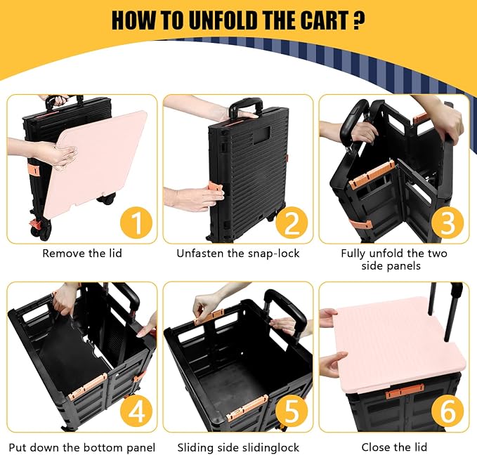 Foldable Utility Cart Collapsible Crate Rolling Carts Handcart Trolley Tool Box Basket 4 360°Noiseless Wheels Lid Telescoping Handle for Shop Grocery Luggage Move Office School Teacher (Pink