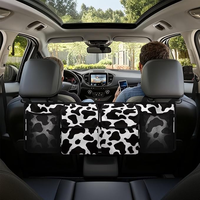 Dust-Proof Back Seat Organizer - Heavy-Duty Trunk Storage with Adjustable Straps, Cow Print Car Organizer for Truck Sedan SUV
