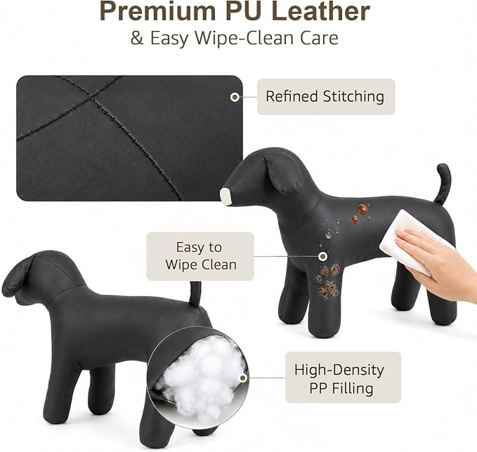 Dog Mannequin PU Pet Clothing Display Stand Cute Dog Hangers for Clothes Store Leather Pet Sewing Mannequin Durable Puppy Standing Model (Black, Large)
