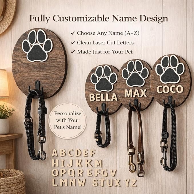 Personalized Dog Leash Holder Wall Mount, Wooden Dog Leash Hanger with 52 Letters, Pet Leash Wall Hook Organizer for Dog Collar & Harness, Paw Design Entryway Home Decor (Single Hook)