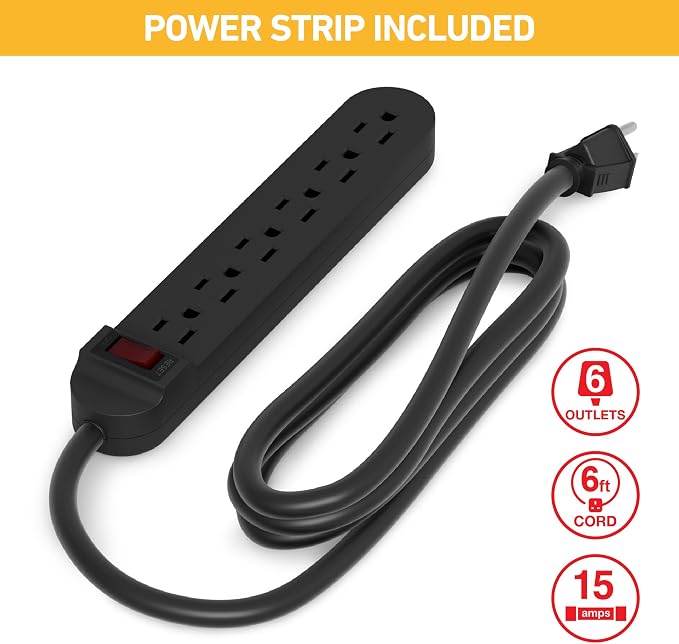 D-Line Cable Management Box with 6 AC Outlet 6ft Power Strip, Hide Extension Cords and Excess Wire Clutter, 16.5in (L) x 4.5in (H) x 5in (W) - Large, Black