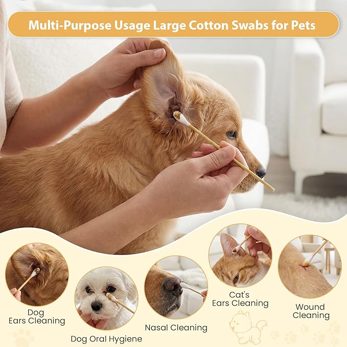200pcs Large Cotton Swabs with Storage Case, 6 Inch Long Jumbo Size Dog Ear Swabs, Gentle & Lint-Free Pet Ear Cleaning Swabs with Bamboo Handle, Compatible with Dog Ear Cleaner Tool
