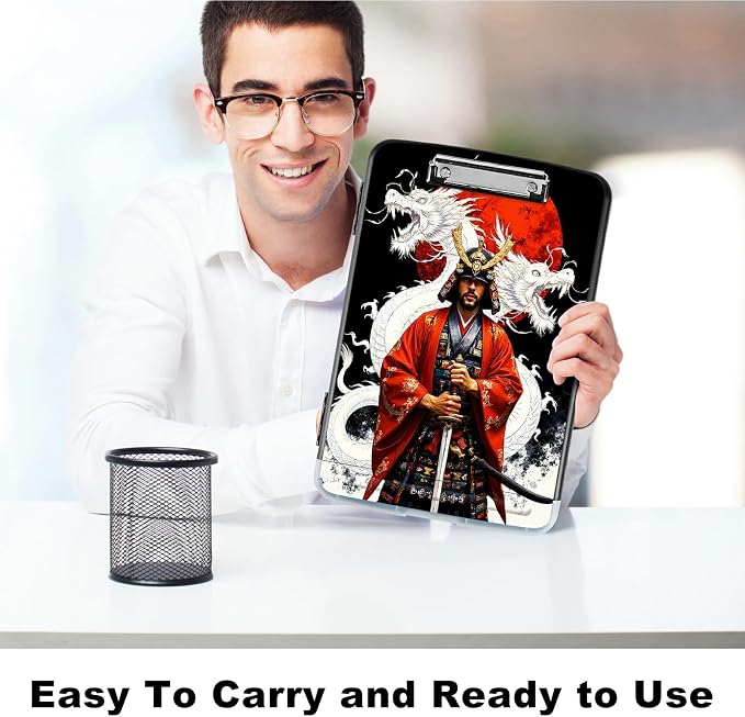 A4 Clipboard with Storage Pen Holder, Clipboards Organizer Nursing Clipboard Foldable File Folder Plastic Clipboard Folio Clip Board for Office Work Classroom Doctor, Warrior Dragon Sunset