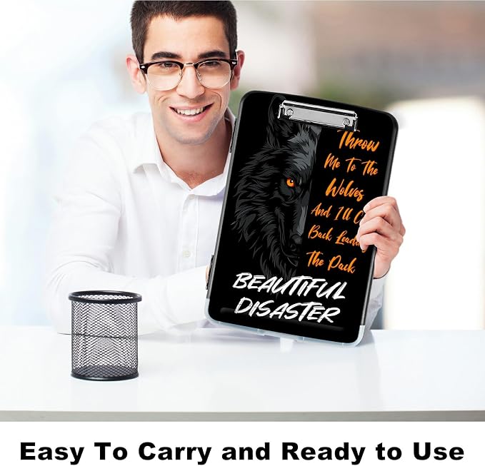 A4 Clipboard with Storage Pen Holder, Clipboards Organizer Nursing Clipboard Foldable File Folder Plastic Clipboard Folio Clip Board for Office Students Classroom Doctor Teacher, Cool Wolf
