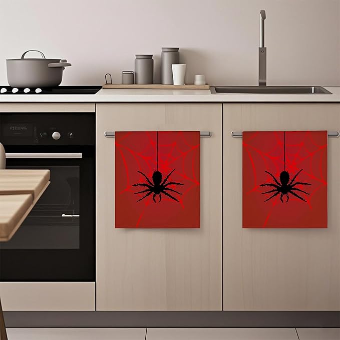 Red Spider and Spider Web Hand Towels,Set of 2 Absorbent Bath Towel Kitchen Dish Towel Home Gym Hotel Bathroom Decor,16x24 Inches
