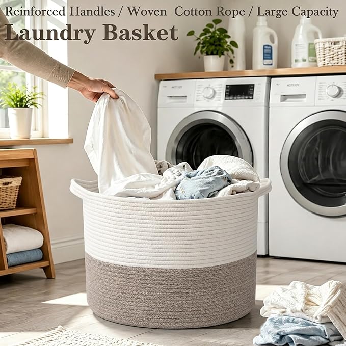 90L Woven Blanket Basket,Extra Large Laundry Basket-White & Brown | Collapsible Nursery Storage Bin with Sturdy Handles, Organizes Clothes, Toys and Pillows for Living Room, Bedroom, Bathroom