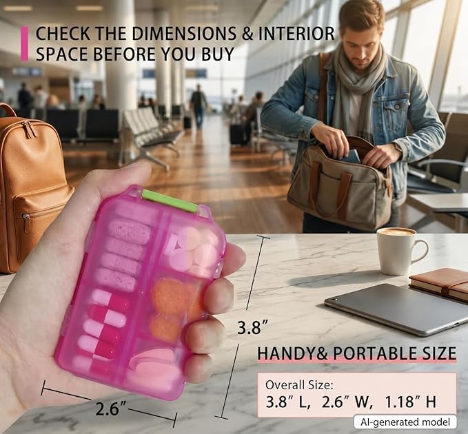 Pill Organizer with 161 Medicine Labels, Daily Travel Pill Case (Purple) | Compact 10-compartment pill case and pill box with 161 medicine labels for 7-day planning, vitamins, supplements, and travel
