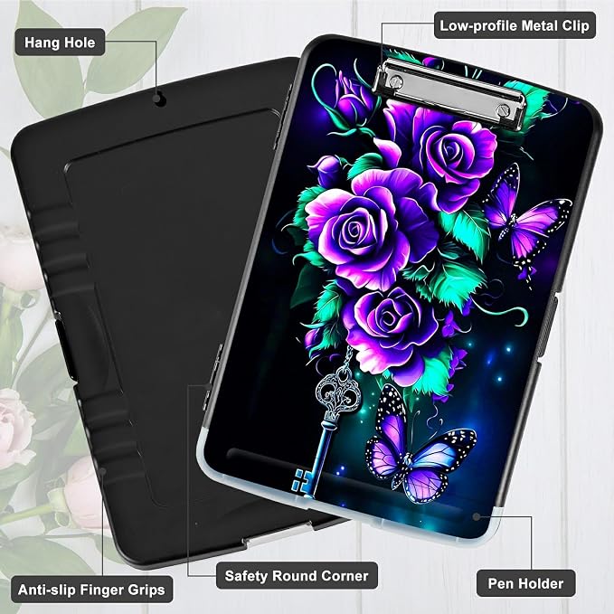 Purple Roses 02 A4 Clipboard with Storage Pen Holder, Clipboards Organizer Nursing Clipboard Foldable File Folder Plastic Clipboard Folio Clip Board for Office Students Classroom Doctor