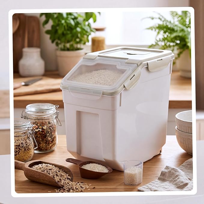 Sunnyray 4 Pcs 55 lbs Grain Rice Storage Container Flour Bin with Wheels Cup Leak Proof Pet Food Storage Boxes Seal Locking Lid Plastic Rice Containers Set for Cereal Flour Cat Dog Food (Beige)